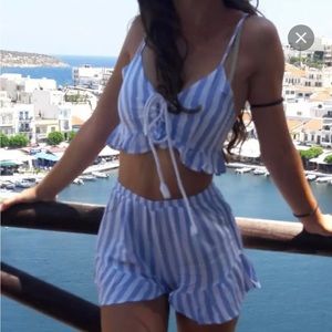 Cami Striped Crop Top And Wide Leg Shorts Suit - Light Blue S